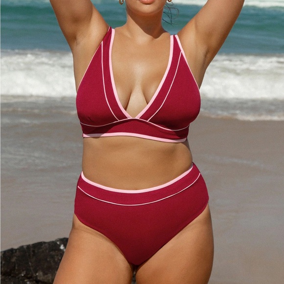 Berlook Red Contrast V-Neck Plus Size Bikini Top & Bottom